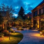 A photograph of a beautifully illuminated outdoor space at dusk