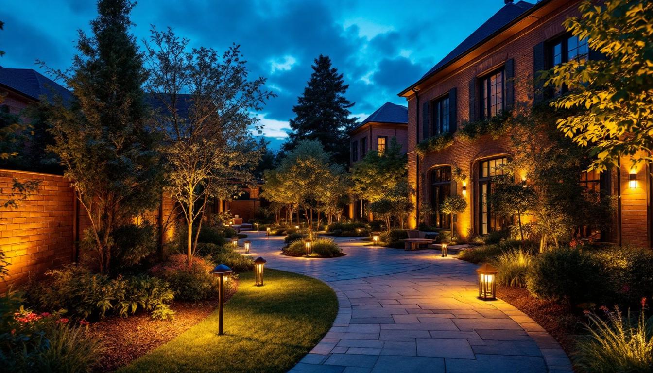 A photograph of a beautifully illuminated outdoor space at dusk
