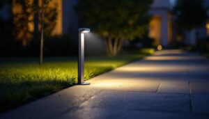 A photograph of a well-lit outdoor area showcasing a sleek led motion security light in action
