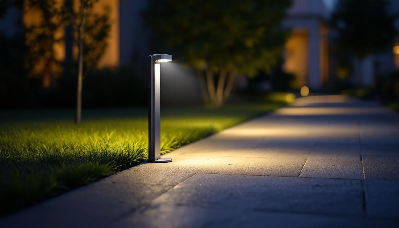 A photograph of a well-lit outdoor area showcasing a sleek led motion security light in action