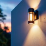A photograph of a stylish exterior wall light fixture mounted on a beautifully designed home facade