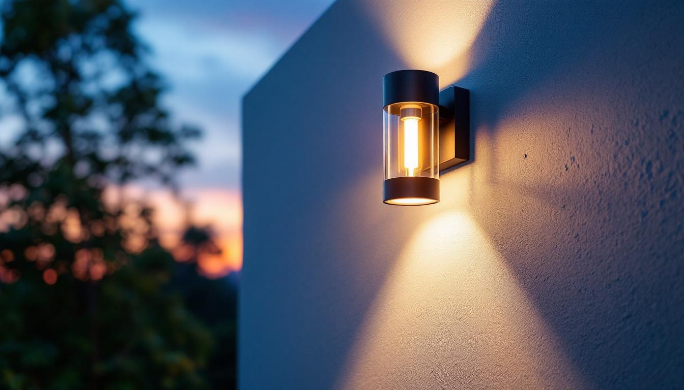 A photograph of a stylish exterior wall light fixture mounted on a beautifully designed home facade