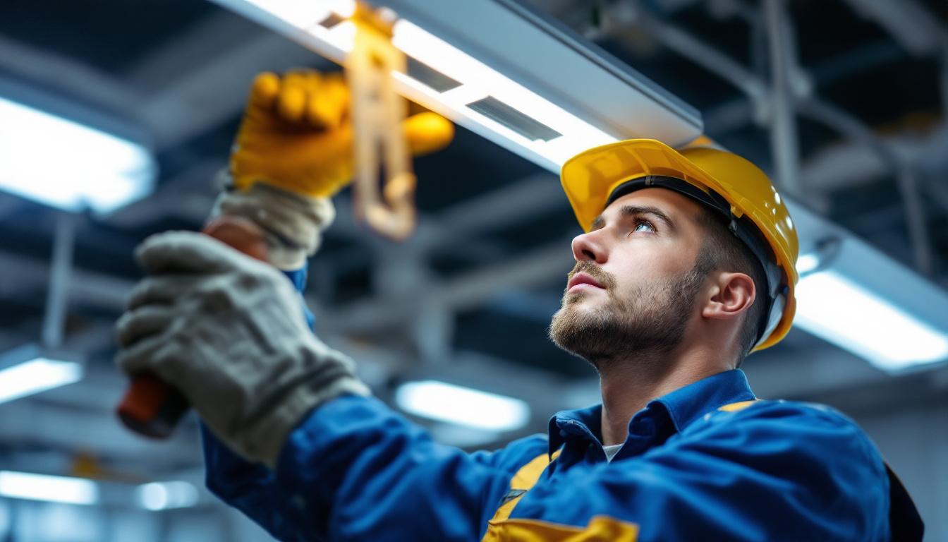 A photograph of a lighting professional carefully replacing a fluorescent light cover in a well-lit