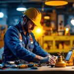 A photograph of a well-lit workspace featuring a lighting contractor in action