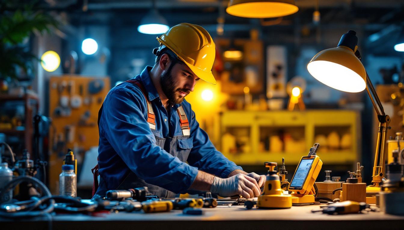 A photograph of a well-lit workspace featuring a lighting contractor in action
