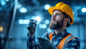 A photograph of a lighting contractor expertly installing a b base light bulb in a well-lit environment