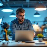 A photograph of a lighting contractor evaluating various light fixtures in a well-lit workspace