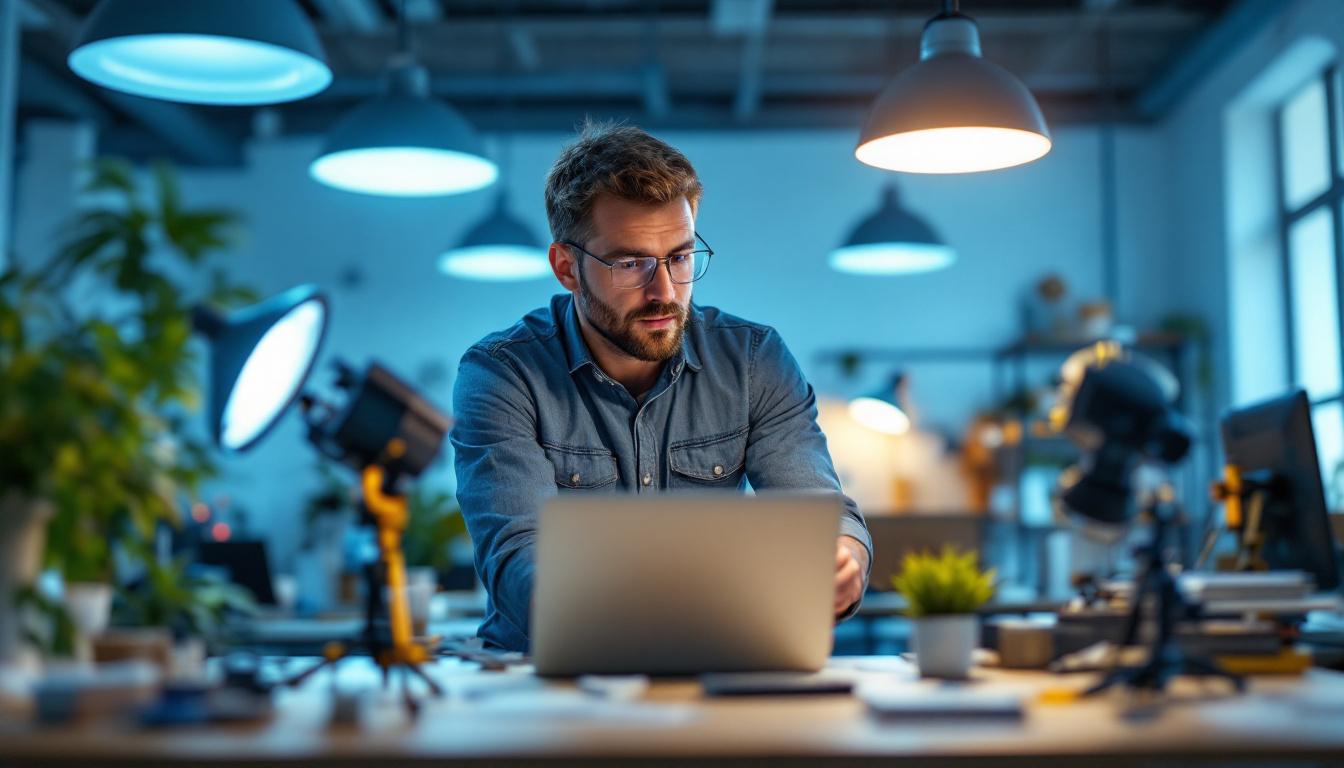 A photograph of a lighting contractor evaluating various light fixtures in a well-lit workspace