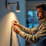 A photograph of a lighting contractor installing an 8-inch can light retrofit in a modern home setting