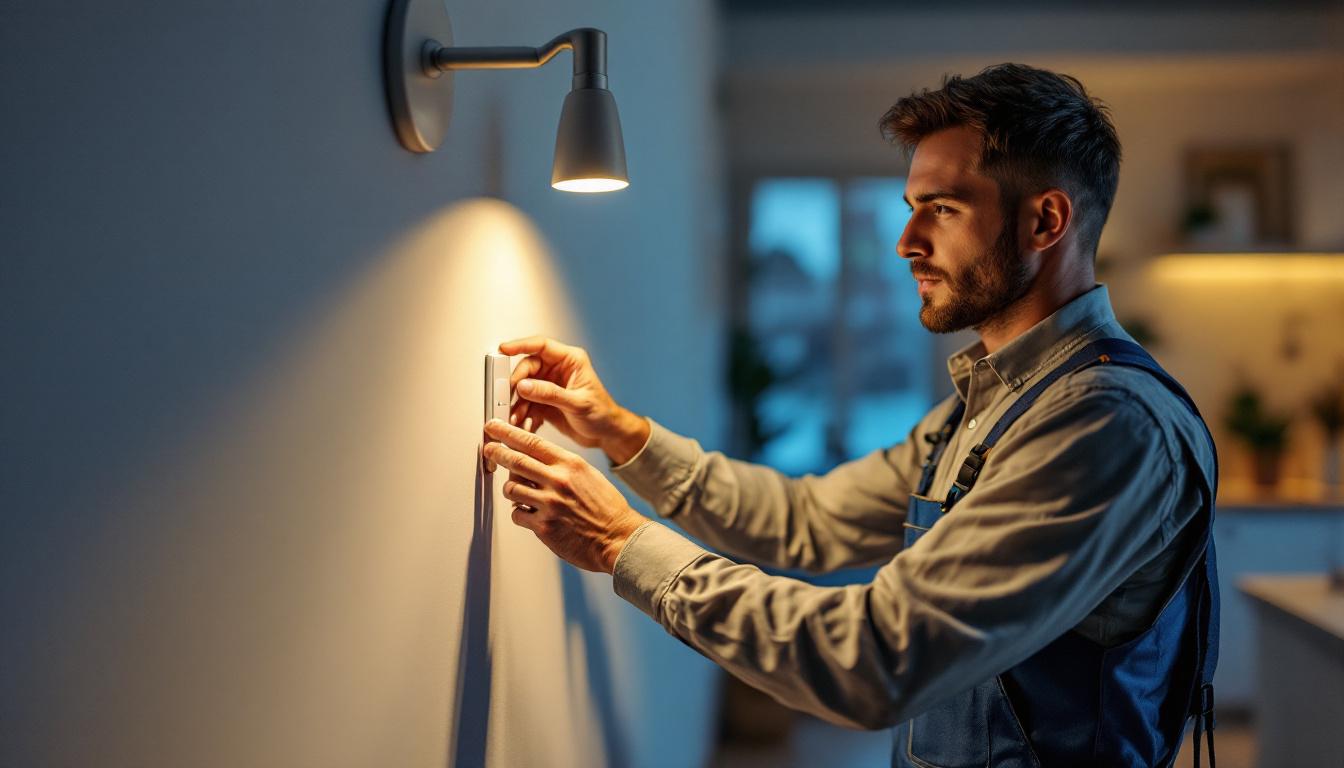 A photograph of a lighting contractor installing an 8-inch can light retrofit in a modern home setting