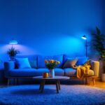 A photograph of a well-lit home interior featuring various ultraviolet lamps in use