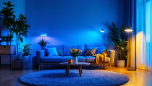 A photograph of a well-lit home interior featuring various ultraviolet lamps in use