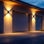 A photograph of a well-lit garage exterior featuring stylish wall lights that illuminate the surrounding area