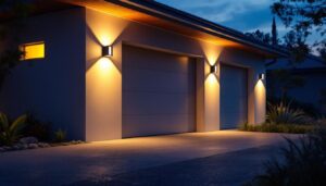 A photograph of a well-lit garage exterior featuring stylish wall lights that illuminate the surrounding area