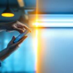 A photograph of a well-lit workspace showing a side-by-side comparison of a fluorescent tube and an led tube