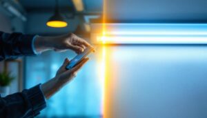 A photograph of a well-lit workspace showing a side-by-side comparison of a fluorescent tube and an led tube