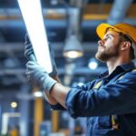 A photograph of a skilled lighting contractor installing t5 and t8 led fixtures in a modern workspace