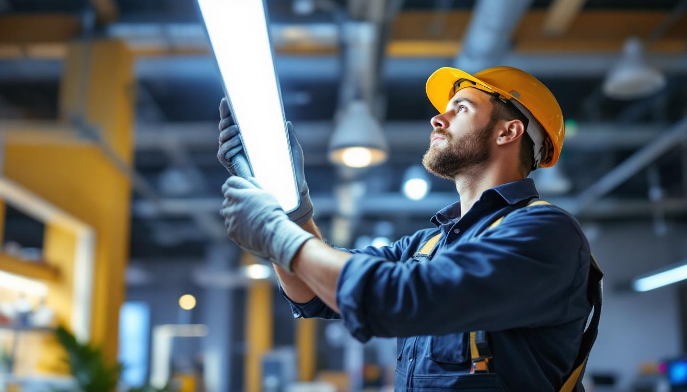 A photograph of a skilled lighting contractor installing t5 and t8 led fixtures in a modern workspace