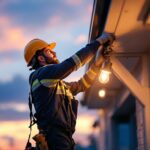 A photograph of a lighting contractor at work