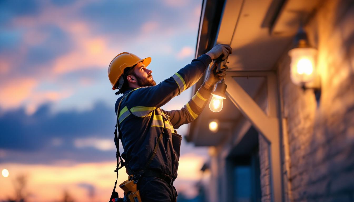 A photograph of a lighting contractor at work