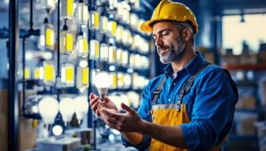 A photograph of a lighting contractor showcasing a vibrant display of cob led light bulbs in a well-lit workspace