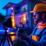 A photograph of a lighting contractor installing or showcasing vibrant led colour flood lights in a residential or commercial setting