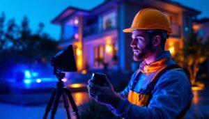 A photograph of a lighting contractor installing or showcasing vibrant led colour flood lights in a residential or commercial setting