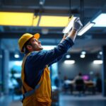A photograph of a skilled lighting contractor installing innovative 2x4 led fixtures in a modern office space
