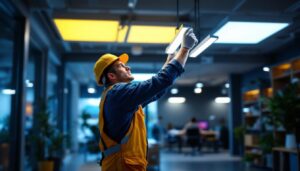 A photograph of a skilled lighting contractor installing innovative 2x4 led fixtures in a modern office space
