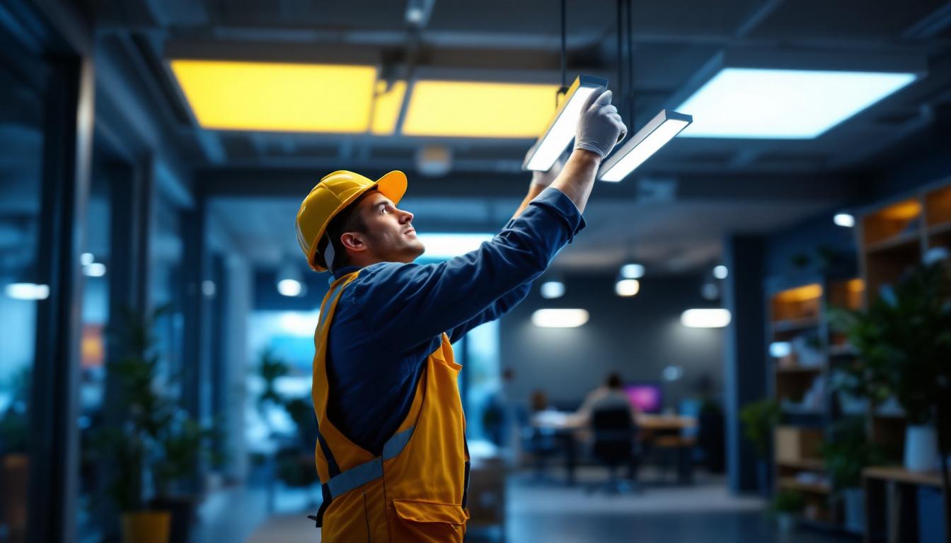 A photograph of a skilled lighting contractor installing innovative 2x4 led fixtures in a modern office space