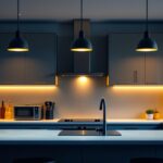 A photograph of a modern kitchen featuring sleek led can lights installed in the ceiling
