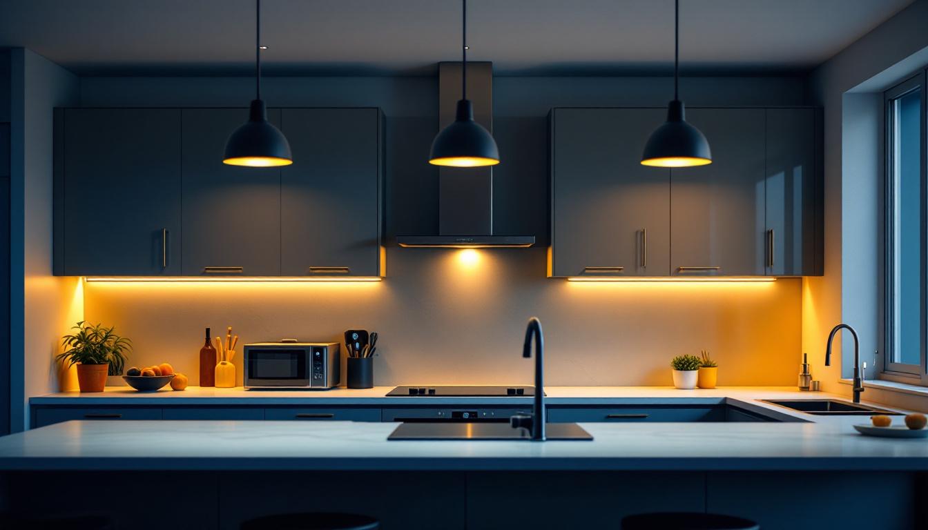 A photograph of a modern kitchen featuring sleek led can lights installed in the ceiling