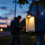 A photograph of a well-lit mailbox featuring an illuminated led light at dusk
