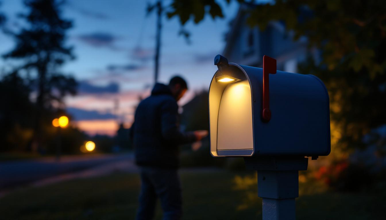 A photograph of a well-lit mailbox featuring an illuminated led light at dusk