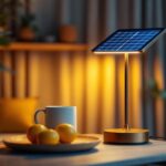 A photograph of a stylish indoor setting featuring a solar panel lamp