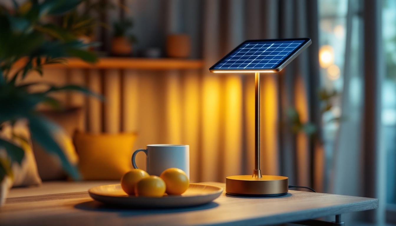 A photograph of a stylish indoor setting featuring a solar panel lamp
