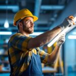 A photograph of a lighting contractor installing led t8 bulbs in a commercial setting