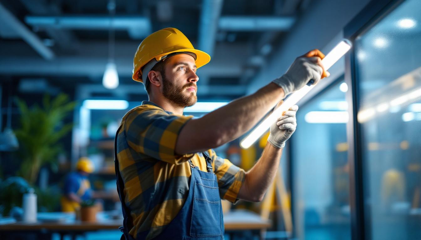 A photograph of a lighting contractor installing led t8 bulbs in a commercial setting