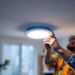 A photograph of a lighting contractor installing an 8-inch retrofit recessed light in a modern home setting