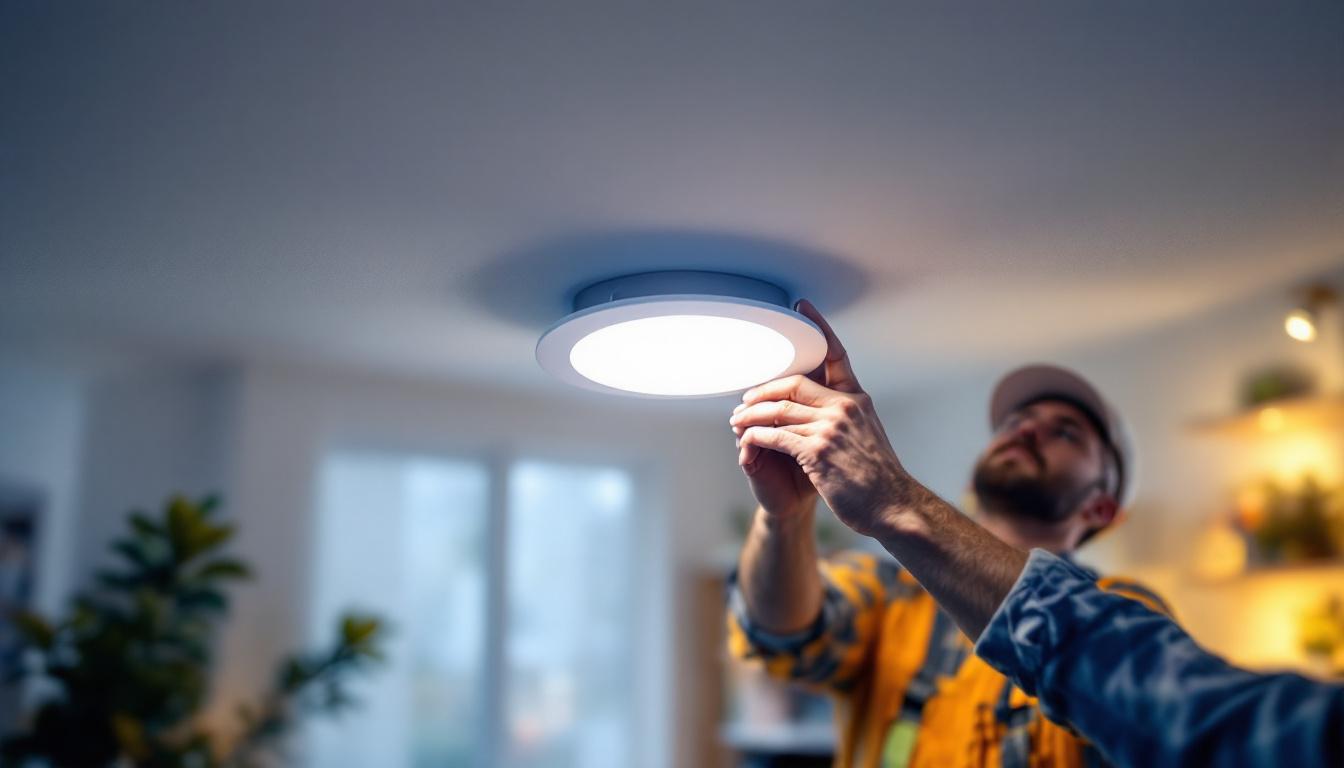 A photograph of a lighting contractor installing an 8-inch retrofit recessed light in a modern home setting