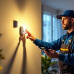 A photograph of a lighting contractor installing a motion sensor with a timer in a modern residential setting