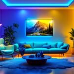 A photograph of a beautifully designed living space illuminated by stylish uv lights
