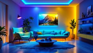 A photograph of a beautifully designed living space illuminated by stylish uv lights