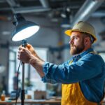 A photograph of a skilled lighting contractor expertly installing or adjusting a halogen lamp stand in a well-lit workspace
