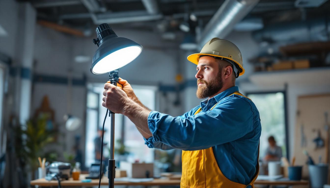 A photograph of a skilled lighting contractor expertly installing or adjusting a halogen lamp stand in a well-lit workspace
