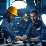 A photograph of a lighting contractor examining various light fixtures in a workshop setting