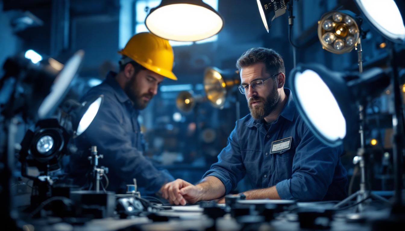 A photograph of a lighting contractor examining various light fixtures in a workshop setting