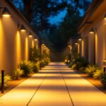 A photograph of a well-lit outdoor space showcasing security dusk to dawn lights illuminating a pathway or entrance