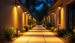 A photograph of a well-lit outdoor space showcasing security dusk to dawn lights illuminating a pathway or entrance