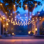 A photograph of a beautifully illuminated outdoor space featuring a variety of motion lighting fixtures in action